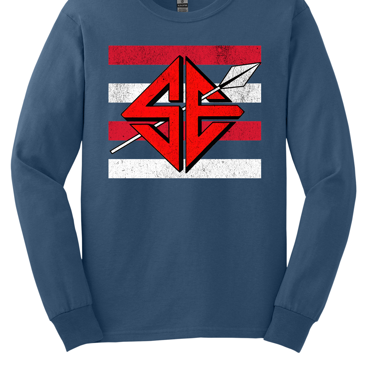 The shirt design features a bold and striking graphic of the SEMO Redhawk mascot, which takes center stage in the composition. The Redhawk is rendered in large, dynamic proportions, commanding attention with its fierce and powerful depiction. It is placed prominently against a backdrop of alternating horizontal bars, each separated by a thin space. The bars are layered in a staggered pattern, giving the entire design a worn-in, vintage aesthetic. Shop at Gorgeousware.com