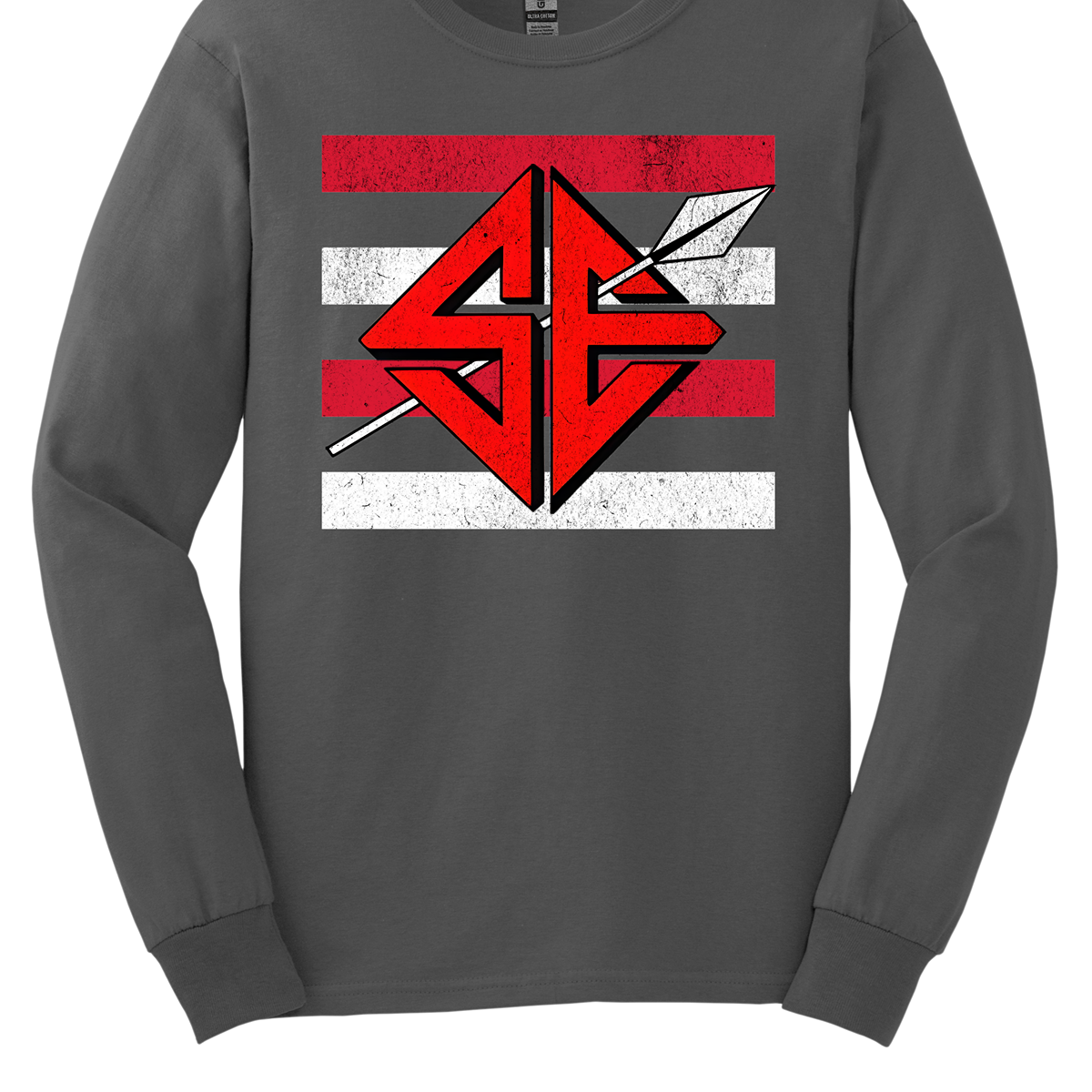 The shirt design features a bold and striking graphic of the SEMO Redhawk mascot, which takes center stage in the composition. The Redhawk is rendered in large, dynamic proportions, commanding attention with its fierce and powerful depiction. It is placed prominently against a backdrop of alternating horizontal bars, each separated by a thin space. The bars are layered in a staggered pattern, giving the entire design a worn-in, vintage aesthetic. Shop at Gorgeousware.com
