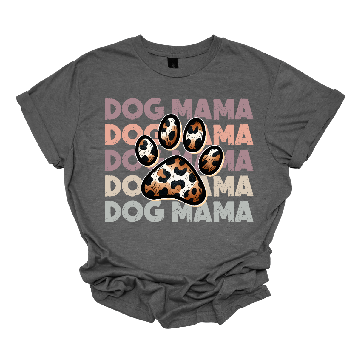 This shirt features a playful and stylish design that reads "Dog Momma" in bold, eye-catching text. In the center of the wording, a cute paw print is placed, adding a fun touch to the design. The paw pads inside the print are filled with a bold, animal print pattern, giving the design a trendy, wild vibe.   Shop Gorgeousware.com