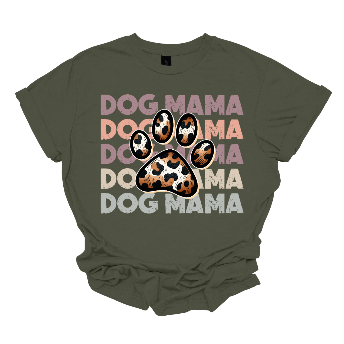 This shirt features a playful and stylish design that reads "Dog Momma" in bold, eye-catching text. In the center of the wording, a cute paw print is placed, adding a fun touch to the design. The paw pads inside the print are filled with a bold, animal print pattern, giving the design a trendy, wild vibe.   Shop Gorgeousware.com