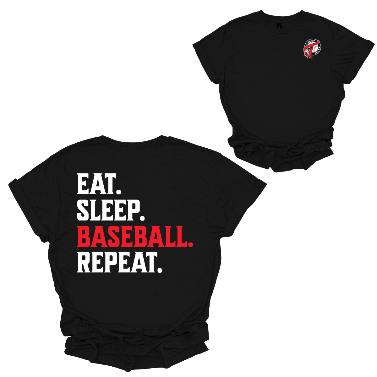 Get ready to show your love for the game with our Jackson Tribe Baseball T-shirt! Featuring the iconic Jackson Tribe Baseball logo on the front left chest, this shirt is a perfect blend of style and team spirit. The back boasts a bold and playful design with "Eat." in crisp white, followed by "Sleep." in white, "Baseball." in a vibrant red, and "Repeat." also in a striking white. This shirt is a must-have for every baseball enthusiast. Shop at Gorgeousware.com