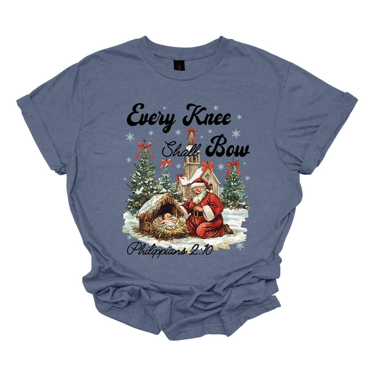 This festive and powerful apparel design features the phrase "Every Knee Shall Bow" in bold, elegant lettering, symbolizing the reverence and humility of the Christmas story. The artwork showcases Santa Claus, traditionally known for his joyful spirit, bowing down in awe before a humble manger that cradles baby Jesus. In the background, an old chapel stands as a symbol of faith, with evergreen trees adorned with festive bows, adding a touch of seasonal beauty and serenity. Shop at Gorgeousware.com