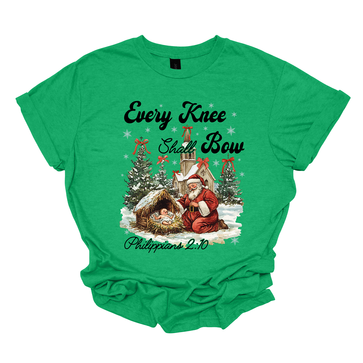 This festive and powerful apparel design features the phrase "Every Knee Shall Bow" in bold, elegant lettering, symbolizing the reverence and humility of the Christmas story. The artwork showcases Santa Claus, traditionally known for his joyful spirit, bowing down in awe before a humble manger that cradles baby Jesus. In the background, an old chapel stands as a symbol of faith, with evergreen trees adorned with festive bows, adding a touch of seasonal beauty and serenity. Shop at Gorgeousware.com