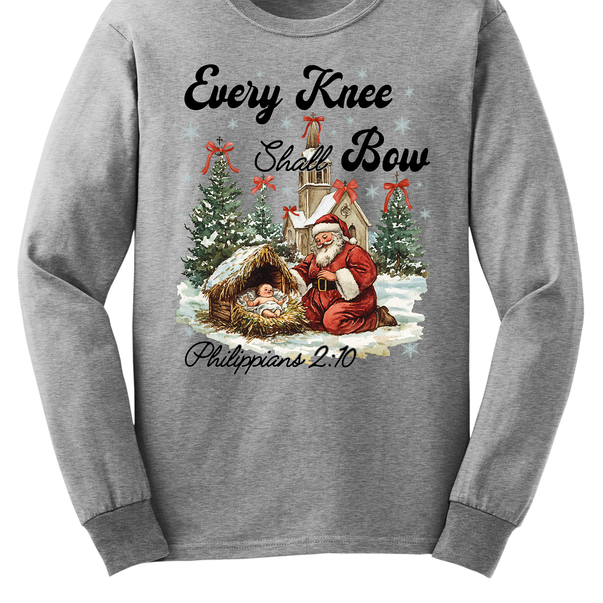 This festive and powerful apparel design features the phrase "Every Knee Shall Bow" in bold, elegant lettering, symbolizing the reverence and humility of the Christmas story. The artwork showcases Santa Claus, traditionally known for his joyful spirit, bowing down in awe before a humble manger that cradles baby Jesus. In the background, an old chapel stands as a symbol of faith, with evergreen trees adorned with festive bows, adding a touch of seasonal beauty and serenity. Shop at Gorgeousware.com