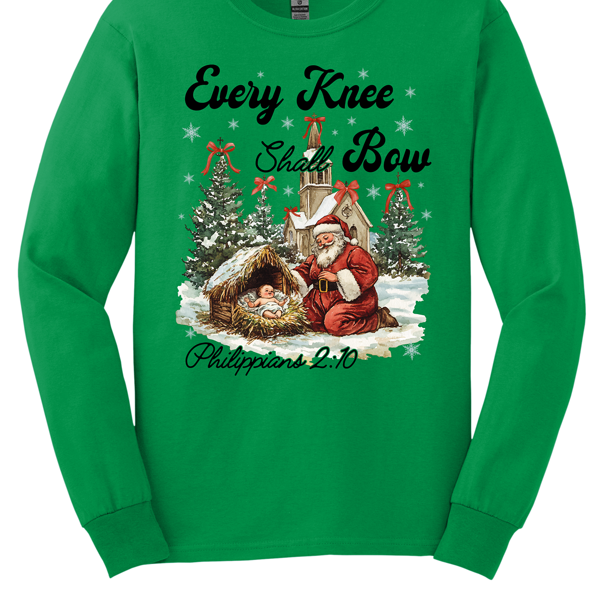 This festive and powerful apparel design features the phrase "Every Knee Shall Bow" in bold, elegant lettering, symbolizing the reverence and humility of the Christmas story. The artwork showcases Santa Claus, traditionally known for his joyful spirit, bowing down in awe before a humble manger that cradles baby Jesus. In the background, an old chapel stands as a symbol of faith, with evergreen trees adorned with festive bows, adding a touch of seasonal beauty and serenity. Shop at Gorgeousware.com