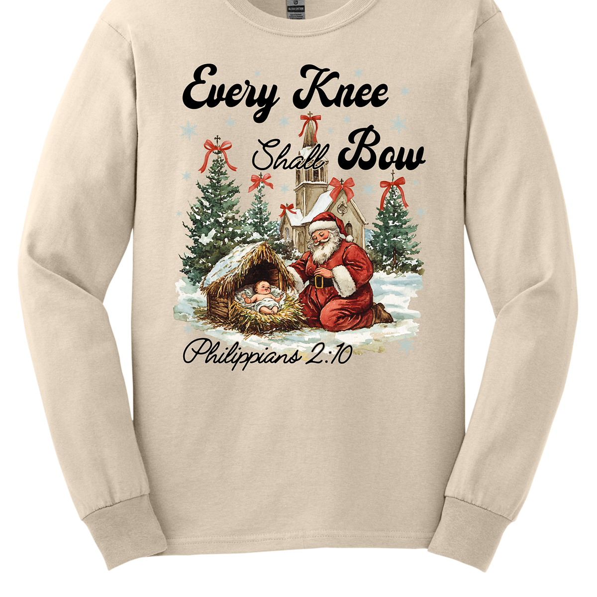 This festive and powerful apparel design features the phrase "Every Knee Shall Bow" in bold, elegant lettering, symbolizing the reverence and humility of the Christmas story. The artwork showcases Santa Claus, traditionally known for his joyful spirit, bowing down in awe before a humble manger that cradles baby Jesus. In the background, an old chapel stands as a symbol of faith, with evergreen trees adorned with festive bows, adding a touch of seasonal beauty and serenity. Shop at Gorgeousware.com