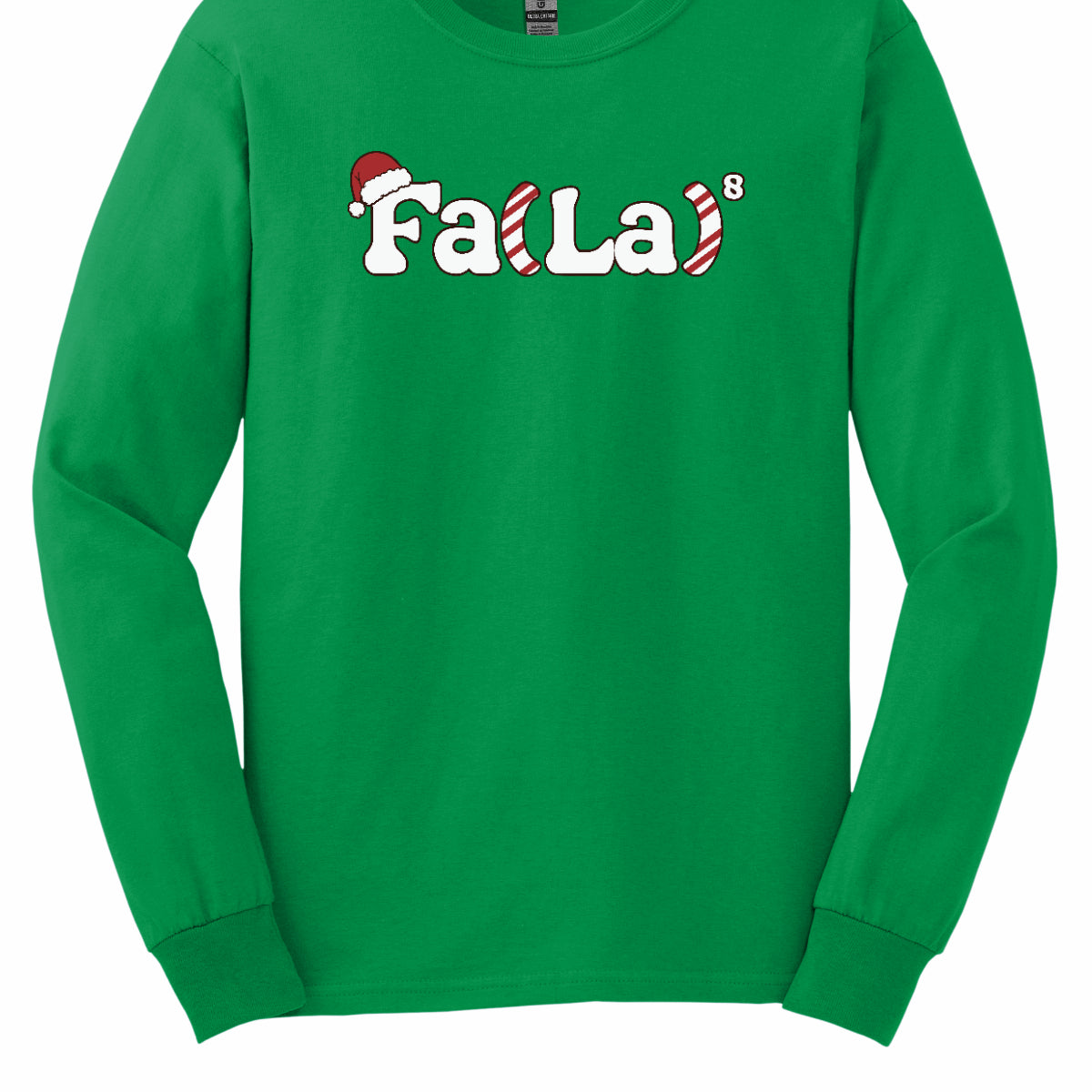 This festive t-shirt design features the playful phrase "Fa(La) to the 8th power" in bold, cheerful lettering. The "F" is adorned with a classic Christmas hat, adding a fun holiday touch. The parentheses are creatively designed with a candy cane stripe pattern, giving the shirt a vibrant and merry look. Shop at Gorgeousware.com