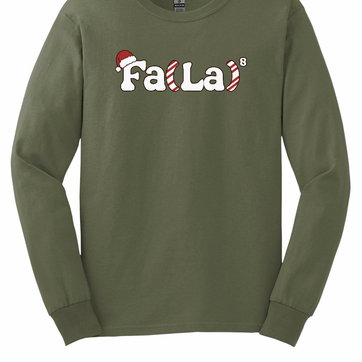 This festive t-shirt design features the playful phrase "Fa(La) to the 8th power" in bold, cheerful lettering. The "F" is adorned with a classic Christmas hat, adding a fun holiday touch. The parentheses are creatively designed with a candy cane stripe pattern, giving the shirt a vibrant and merry look. Shop at Gorgeousware.com