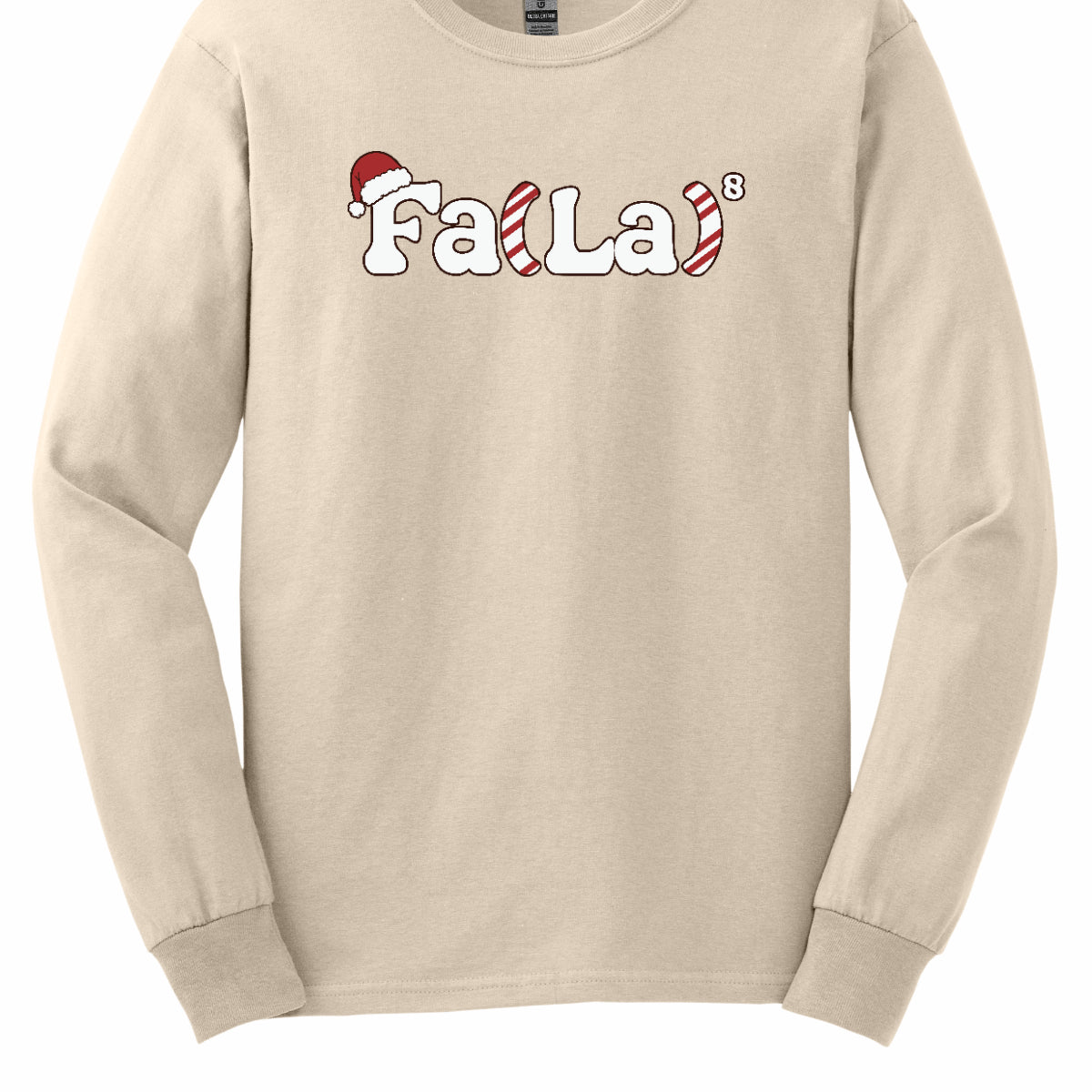 This festive t-shirt design features the playful phrase "Fa(La) to the 8th power" in bold, cheerful lettering. The "F" is adorned with a classic Christmas hat, adding a fun holiday touch. The parentheses are creatively designed with a candy cane stripe pattern, giving the shirt a vibrant and merry look. Shop at Gorgeousware.com