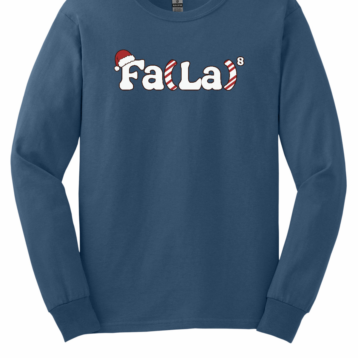 This festive t-shirt design features the playful phrase "Fa(La) to the 8th power" in bold, cheerful lettering. The "F" is adorned with a classic Christmas hat, adding a fun holiday touch. The parentheses are creatively designed with a candy cane stripe pattern, giving the shirt a vibrant and merry look. Shop at Gorgeousware.com