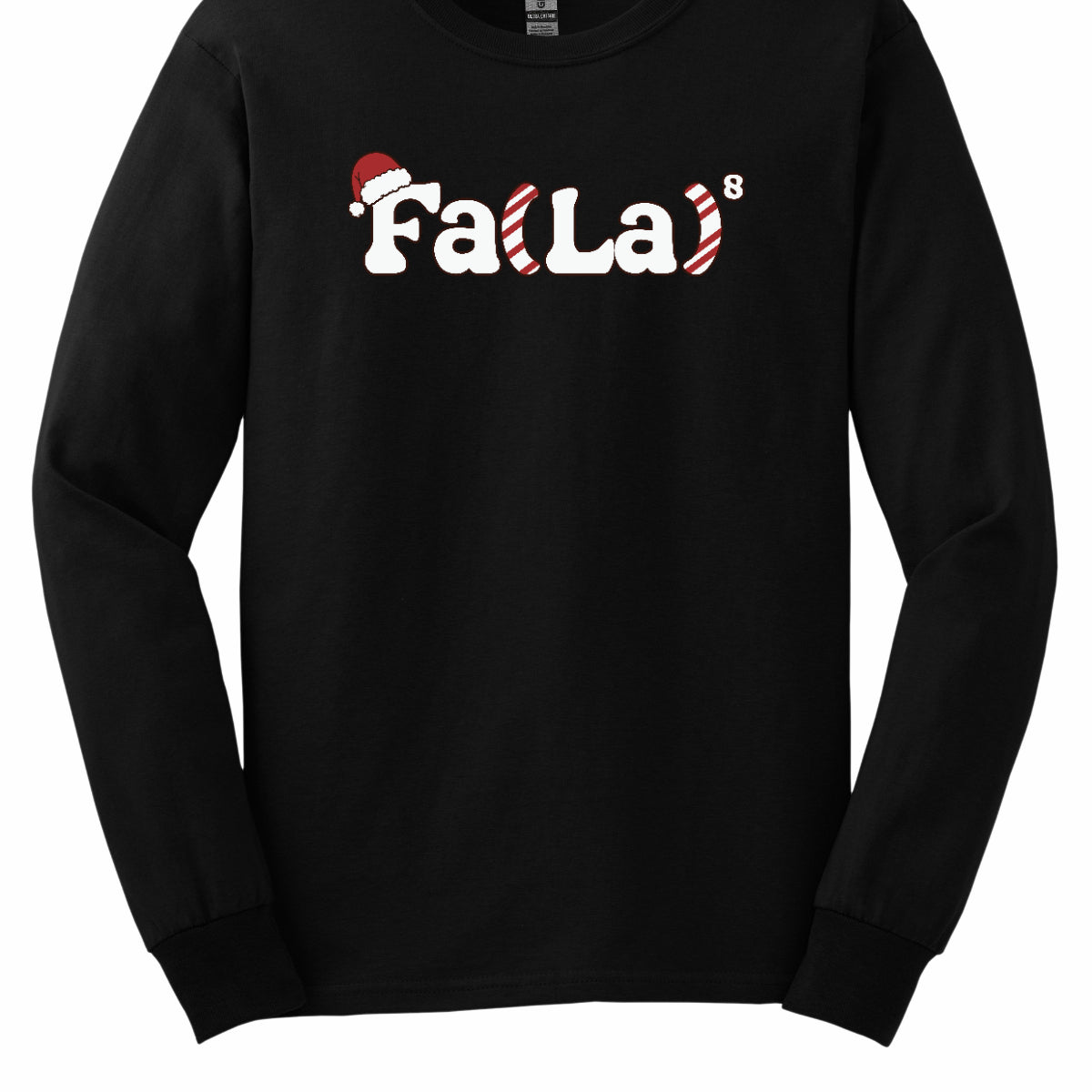 This festive t-shirt design features the playful phrase "Fa(La) to the 8th power" in bold, cheerful lettering. The "F" is adorned with a classic Christmas hat, adding a fun holiday touch. The parentheses are creatively designed with a candy cane stripe pattern, giving the shirt a vibrant and merry look. Shop at Gorgeousware.com