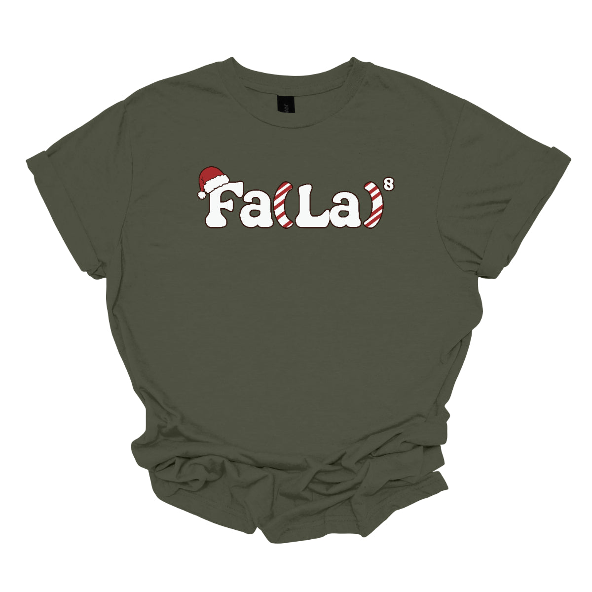 This festive t-shirt design features the playful phrase "Fa(La) to the 8th power" in bold, cheerful lettering. The "F" is adorned with a classic Christmas hat, adding a fun holiday touch. The parentheses are creatively designed with a candy cane stripe pattern, giving the shirt a vibrant and merry look. Shop at Gorgeousware.com