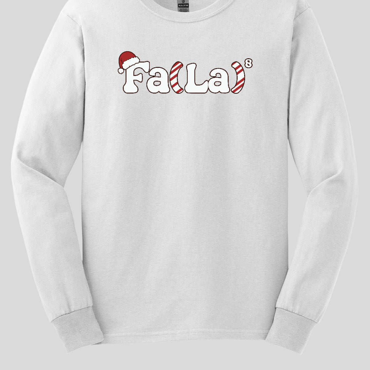 This festive t-shirt design features the playful phrase "Fa(La) to the 8th power" in bold, cheerful lettering. The "F" is adorned with a classic Christmas hat, adding a fun holiday touch. The parentheses are creatively designed with a candy cane stripe pattern, giving the shirt a vibrant and merry look. Shop at Gorgeousware.com