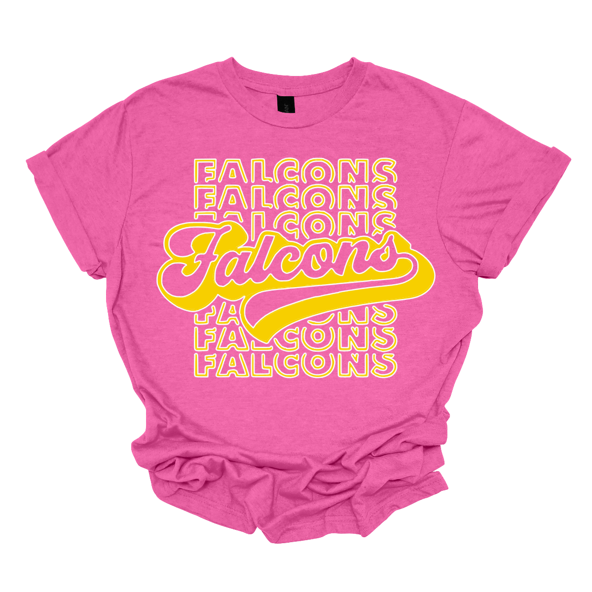 Show off your fierce spirit with this bold Falcons tee! The design features a stacked, repeating pattern of the word "Falcons" in a dynamic, eye-catching arrangement. Right at the center, the word "Falcons" stands out in a retro-inspired font, giving the shirt a vintage, yet modern vibe. Perfect for sports fans or anyone who loves a stylish, graphic look, this tee is the ultimate mix of nostalgia and energy. Shop at Gorgeousware.com