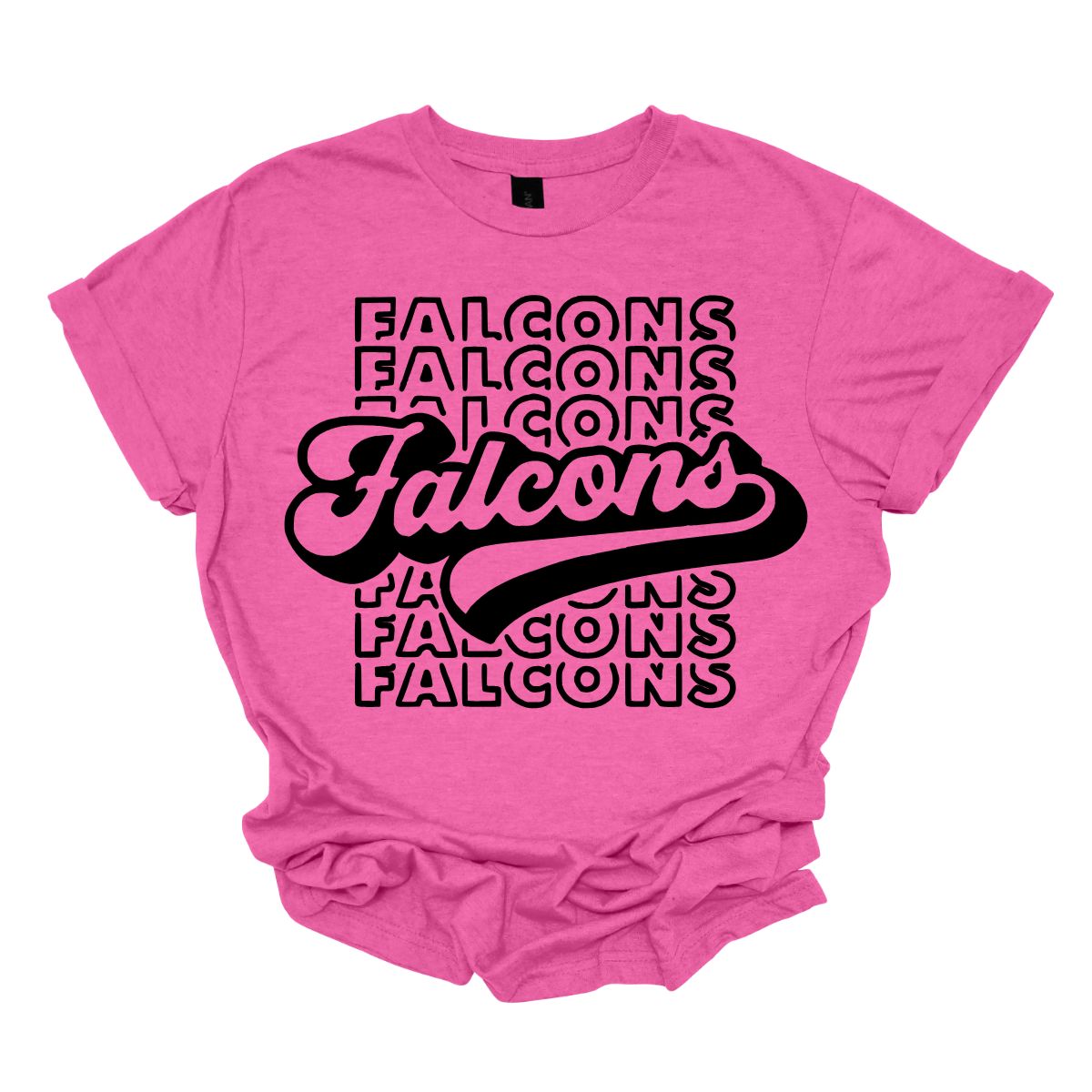 Show off your fierce spirit with this bold Falcons tee! The design features a stacked, repeating pattern of the word "Falcons" in a dynamic, eye-catching arrangement. Right at the center, the word "Falcons" stands out in a retro-inspired font, giving the shirt a vintage, yet modern vibe. Perfect for sports fans or anyone who loves a stylish, graphic look, this tee is the ultimate mix of nostalgia and energy. Shop at Gorgeousware.com