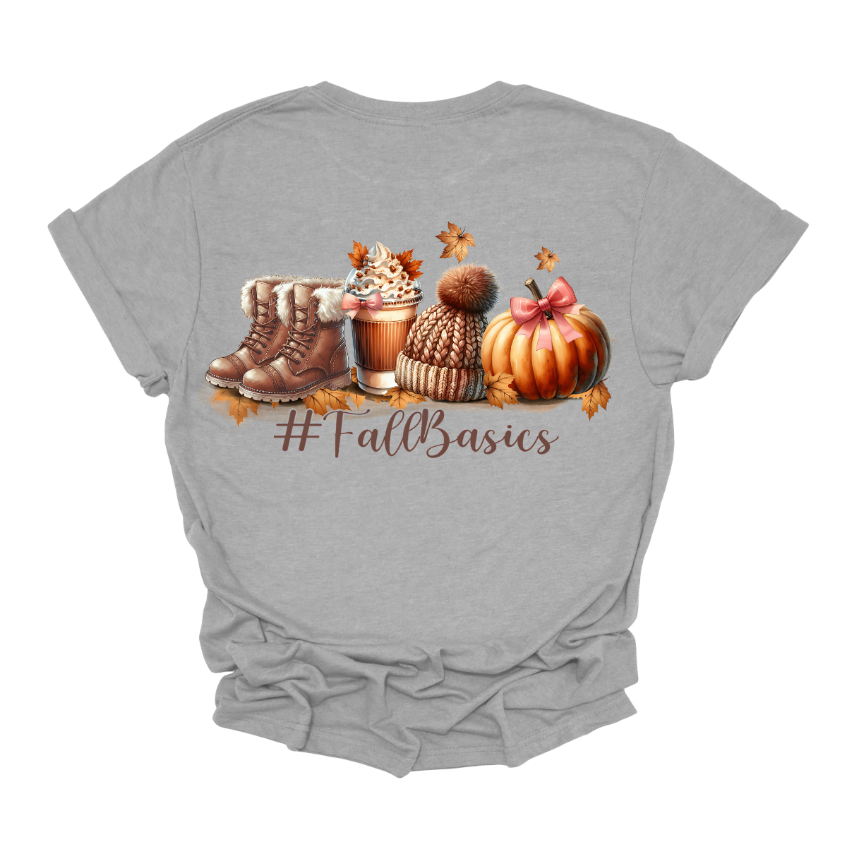 Introducing our cozy #fallbasics t-shirt, perfect for embracing the spirit of the season! This delightful design features a charming illustration at the top, showcasing fuzzy fall boots, a warm autumn drink, a stylish sock cap, and a cheerful pumpkin surrounded by playful leaves blowing in the breeze. Shop at Gorgeousware.com