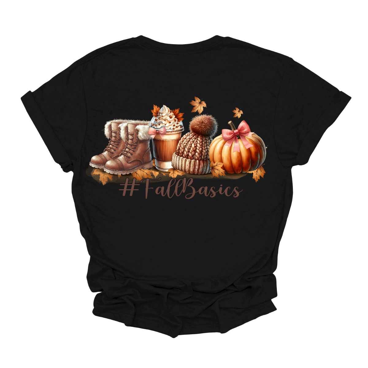 Introducing our cozy #fallbasics t-shirt, perfect for embracing the spirit of the season! This delightful design features a charming illustration at the top, showcasing fuzzy fall boots, a warm autumn drink, a stylish sock cap, and a cheerful pumpkin surrounded by playful leaves blowing in the breeze. Shop at Gorgeousware.com
