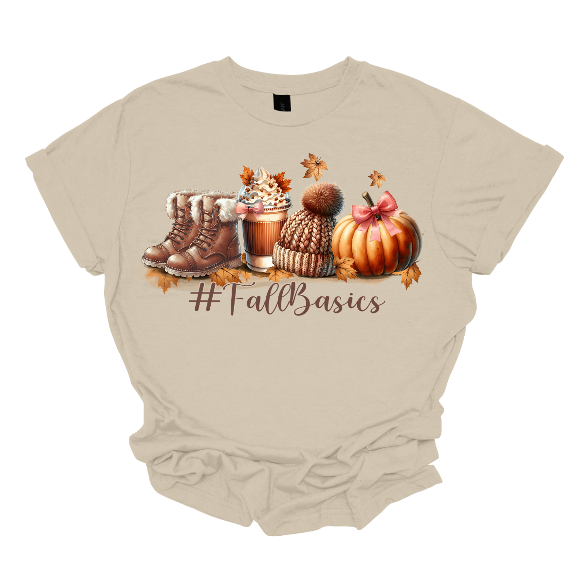Introducing our cozy #fallbasics t-shirt, perfect for embracing the spirit of the season! This delightful design features a charming illustration at the top, showcasing fuzzy fall boots, a warm autumn drink, a stylish sock cap, and a cheerful pumpkin surrounded by playful leaves blowing in the breeze. Shop at Gorgeousware.com