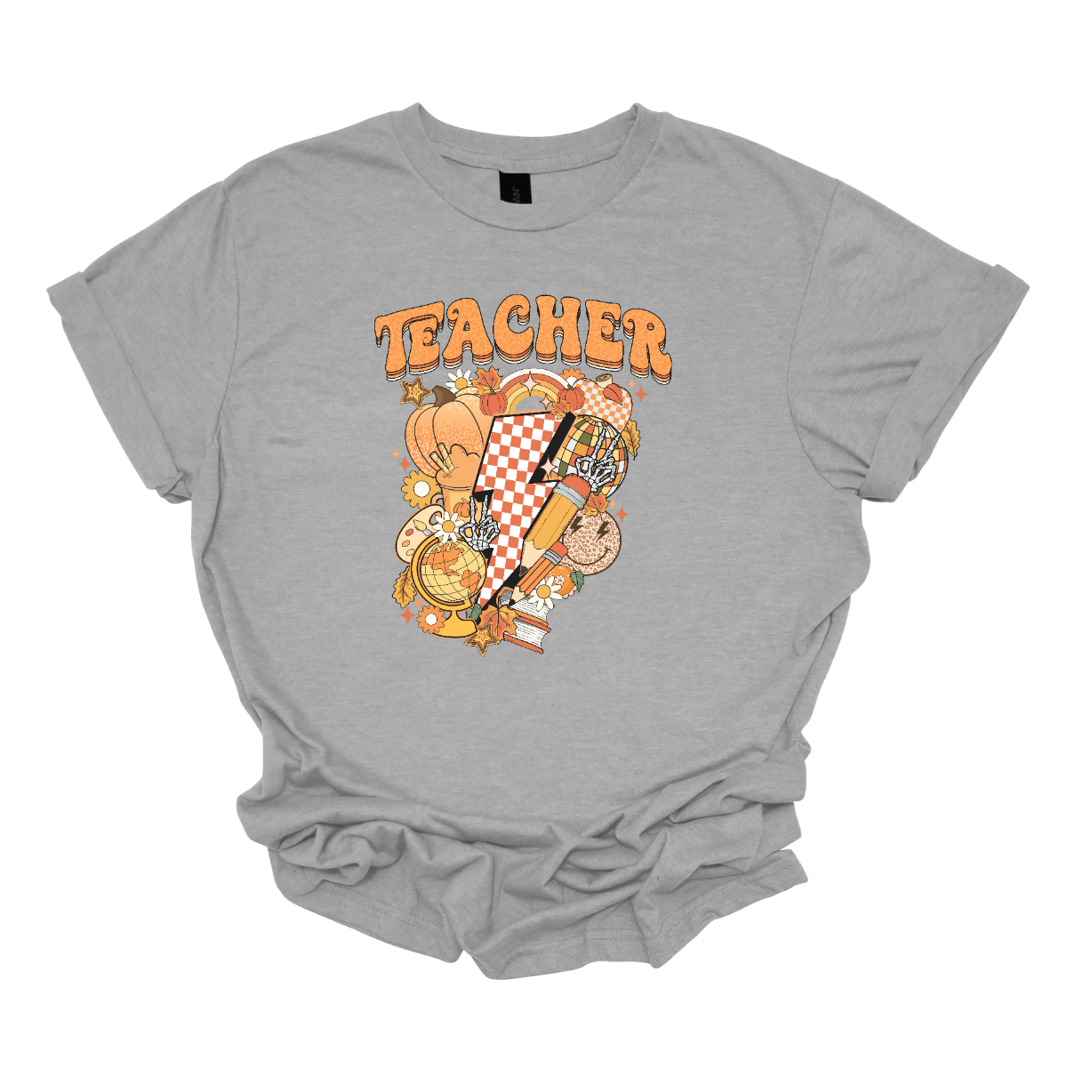 The t-shirt features a vibrant and engaging design centered around the word "Teacher." The word "Teacher" is prominently displayed in a retro-inspired font that’s bold and orange, evoking a nostalgic and energetic feel.
Beneath the word "Teacher," there’s a striking graphic of a large orange and white checkerboard lightning bolt. The lightning bolt adds a dynamic and eye-catching element to the design, with its bold checkerboard pattern creating a strong visual impact. Shop Gorgeousware.com