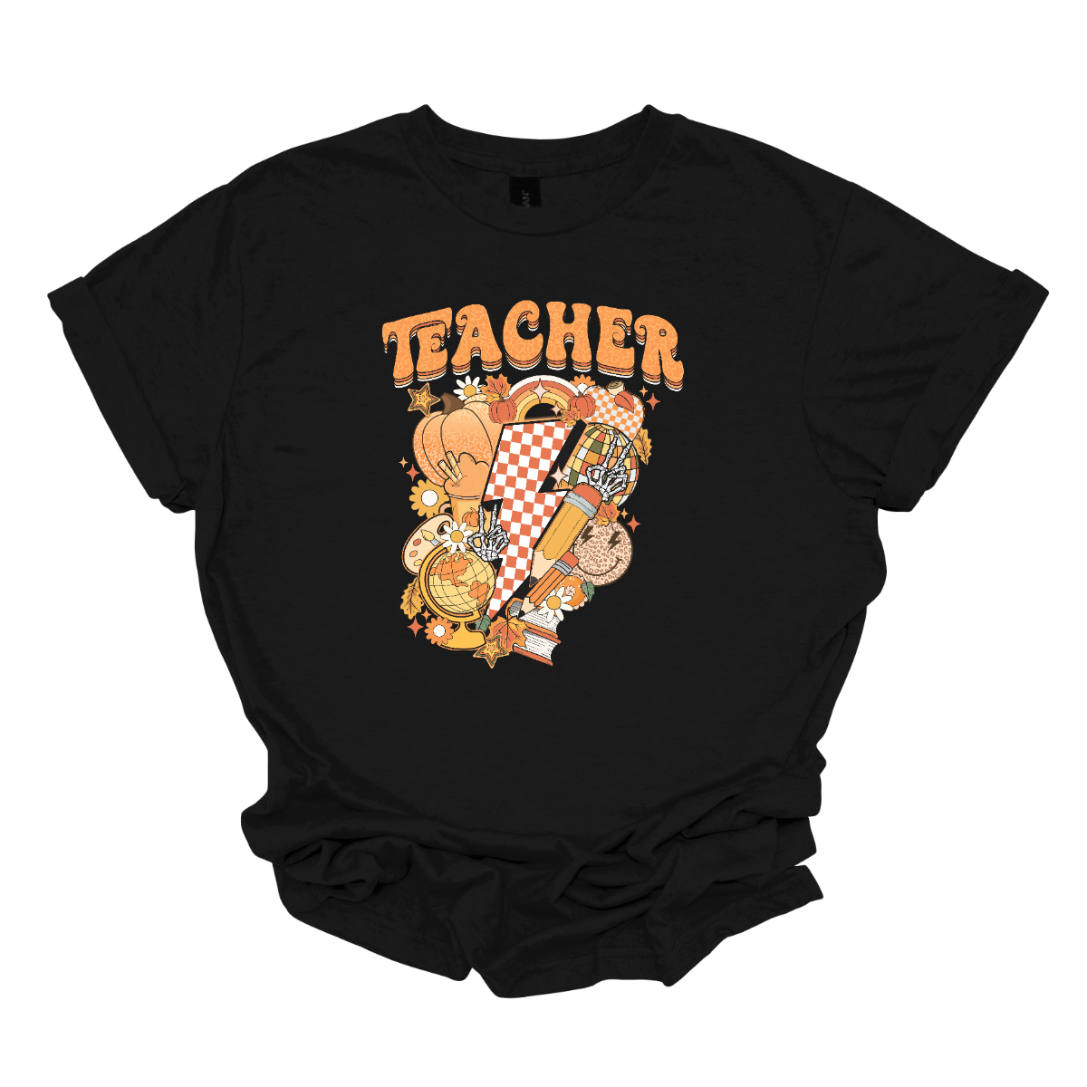 The t-shirt features a vibrant and engaging design centered around the word "Teacher." The word "Teacher" is prominently displayed in a retro-inspired font that’s bold and orange, evoking a nostalgic and energetic feel.
Beneath the word "Teacher," there’s a striking graphic of a large orange and white checkerboard lightning bolt. The lightning bolt adds a dynamic and eye-catching element to the design, with its bold checkerboard pattern creating a strong visual impact. Shop Gorgeousware.com