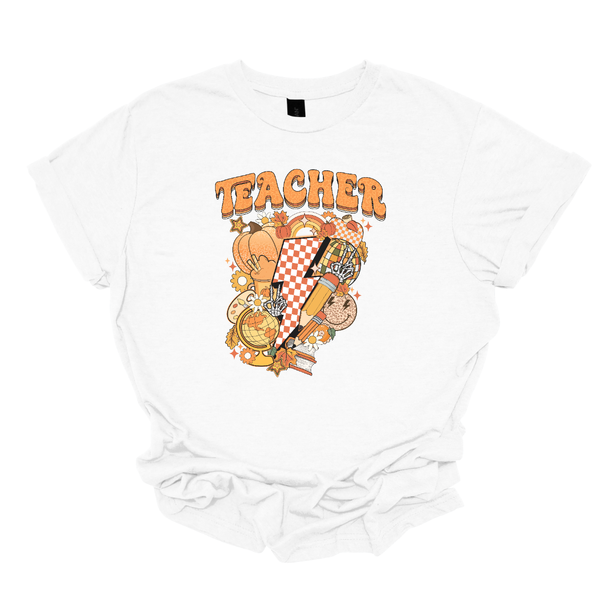 The t-shirt features a vibrant and engaging design centered around the word "Teacher." The word "Teacher" is prominently displayed in a retro-inspired font that’s bold and orange, evoking a nostalgic and energetic feel.
Beneath the word "Teacher," there’s a striking graphic of a large orange and white checkerboard lightning bolt. The lightning bolt adds a dynamic and eye-catching element to the design, with its bold checkerboard pattern creating a strong visual impact. Shop Gorgeousware.com
