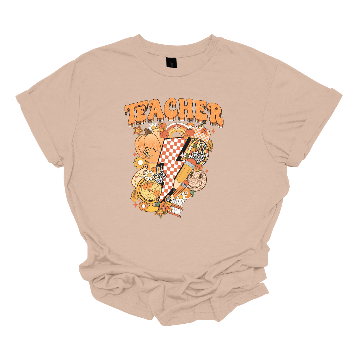 The t-shirt features a vibrant and engaging design centered around the word "Teacher." The word "Teacher" is prominently displayed in a retro-inspired font that’s bold and orange, evoking a nostalgic and energetic feel.
Beneath the word "Teacher," there’s a striking graphic of a large orange and white checkerboard lightning bolt. The lightning bolt adds a dynamic and eye-catching element to the design, with its bold checkerboard pattern creating a strong visual impact. Shop Gorgeousware.com