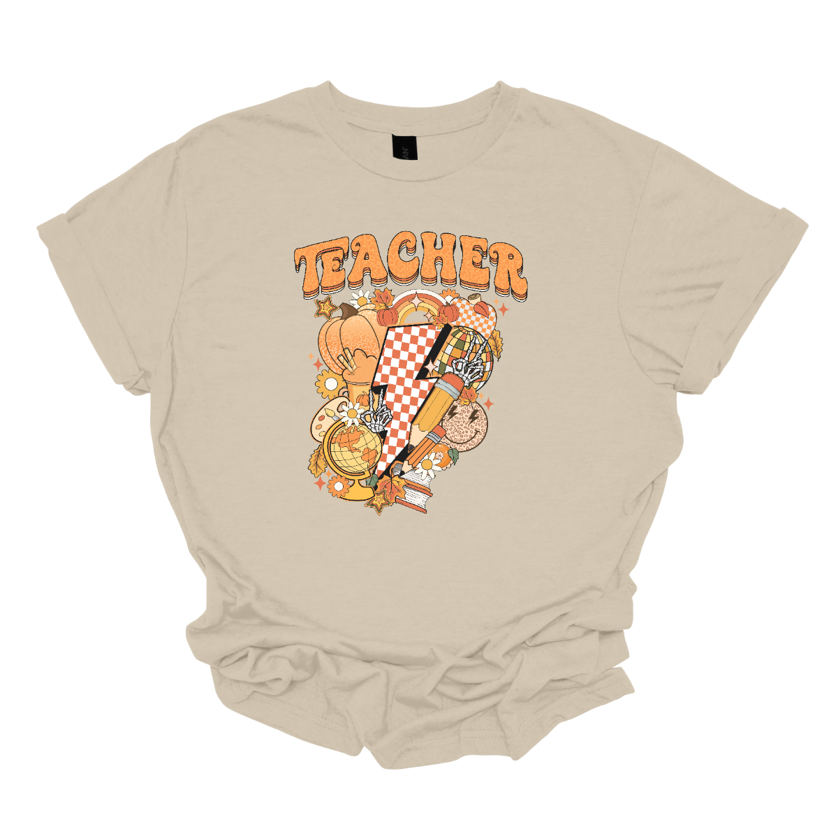 The t-shirt features a vibrant and engaging design centered around the word "Teacher." The word "Teacher" is prominently displayed in a retro-inspired font that’s bold and orange, evoking a nostalgic and energetic feel.
Beneath the word "Teacher," there’s a striking graphic of a large orange and white checkerboard lightning bolt. The lightning bolt adds a dynamic and eye-catching element to the design, with its bold checkerboard pattern creating a strong visual impact. Shop Gorgeousware.com