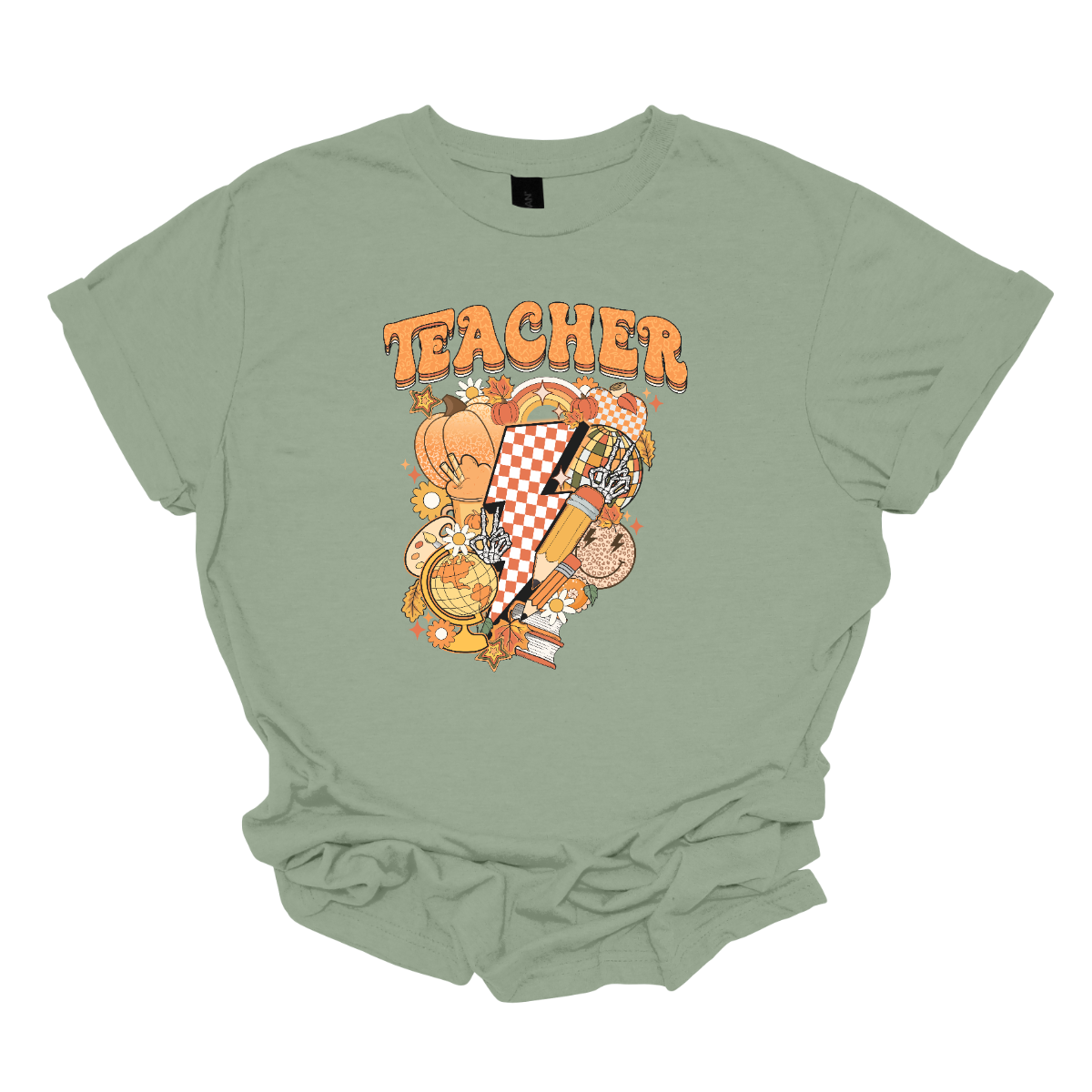 The t-shirt features a vibrant and engaging design centered around the word "Teacher." The word "Teacher" is prominently displayed in a retro-inspired font that’s bold and orange, evoking a nostalgic and energetic feel.
Beneath the word "Teacher," there’s a striking graphic of a large orange and white checkerboard lightning bolt. The lightning bolt adds a dynamic and eye-catching element to the design, with its bold checkerboard pattern creating a strong visual impact. Shop Gorgeousware.com
