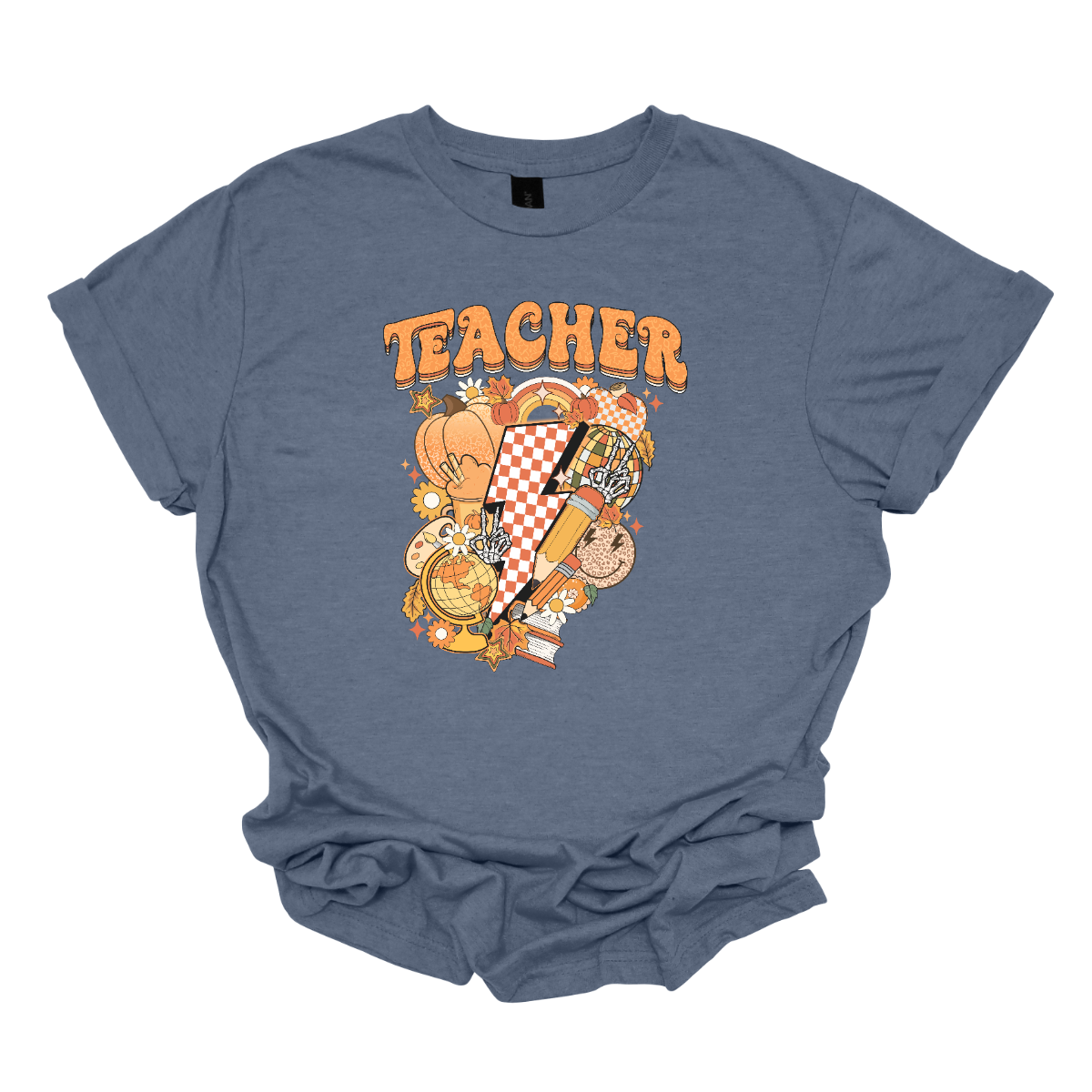 The t-shirt features a vibrant and engaging design centered around the word "Teacher." The word "Teacher" is prominently displayed in a retro-inspired font that’s bold and orange, evoking a nostalgic and energetic feel.
Beneath the word "Teacher," there’s a striking graphic of a large orange and white checkerboard lightning bolt. The lightning bolt adds a dynamic and eye-catching element to the design, with its bold checkerboard pattern creating a strong visual impact. Shop Gorgeousware.com