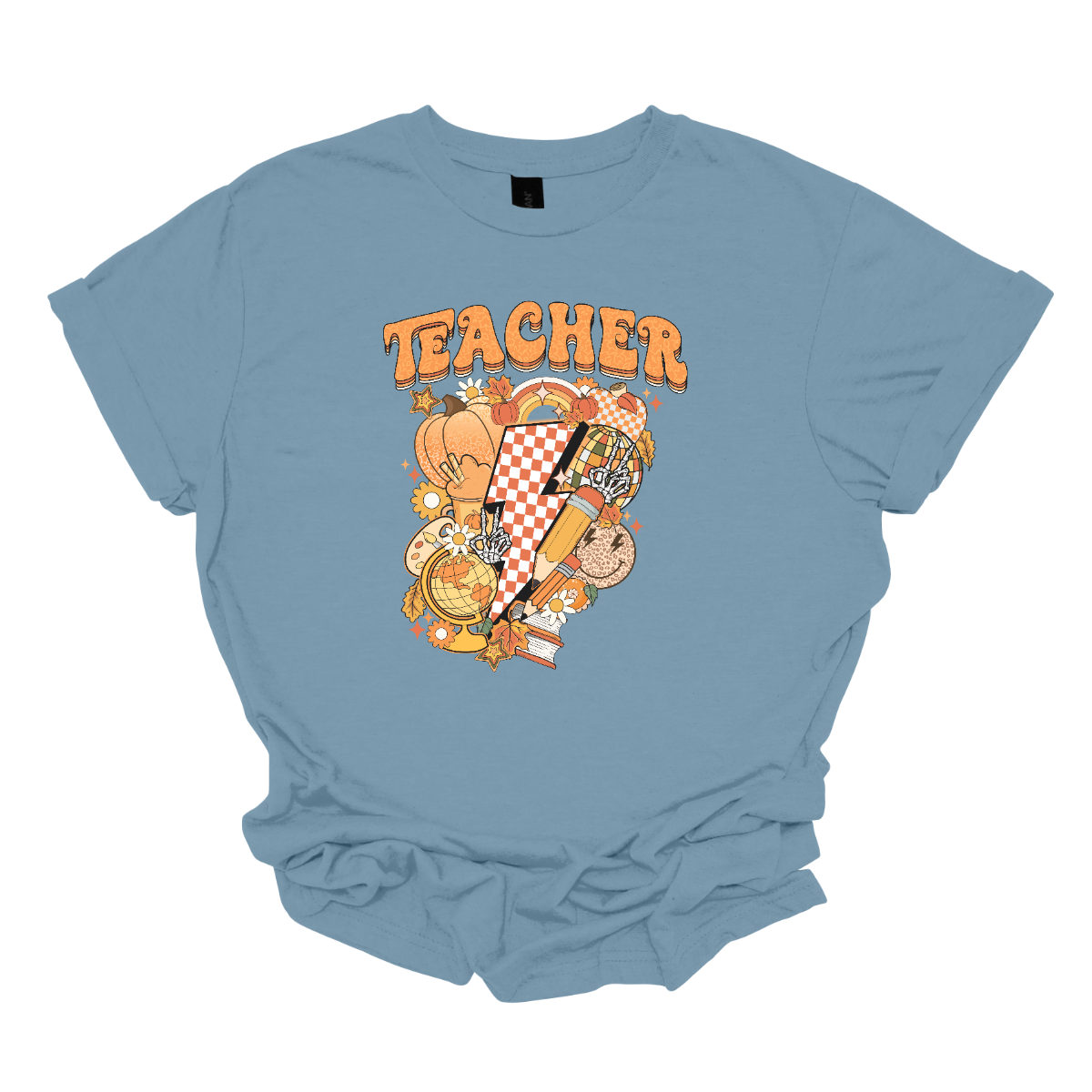 The t-shirt features a vibrant and engaging design centered around the word "Teacher." The word "Teacher" is prominently displayed in a retro-inspired font that’s bold and orange, evoking a nostalgic and energetic feel.
Beneath the word "Teacher," there’s a striking graphic of a large orange and white checkerboard lightning bolt. The lightning bolt adds a dynamic and eye-catching element to the design, with its bold checkerboard pattern creating a strong visual impact. Shop Gorgeousware.com