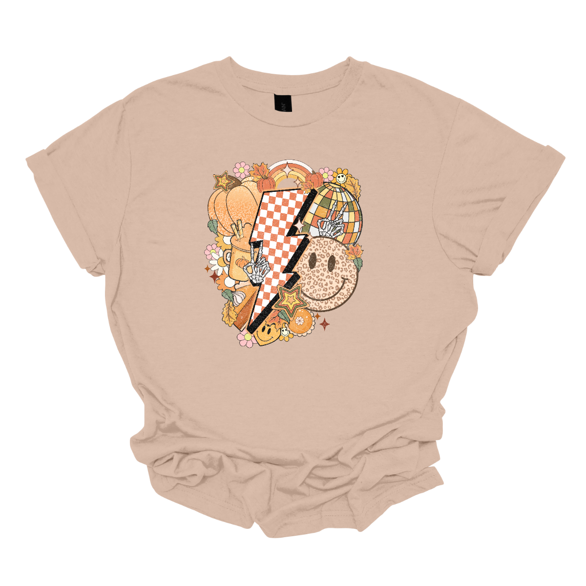 This t-shirt is a vibrant, retro-inspired celebration of eclectic autumn vibes. At its center is a bold, large lightning bolt styled in a striking pink and white checkerboard pattern, immediately capturing attention with its energetic and nostalgic flair. Shop Gorgeousware.com