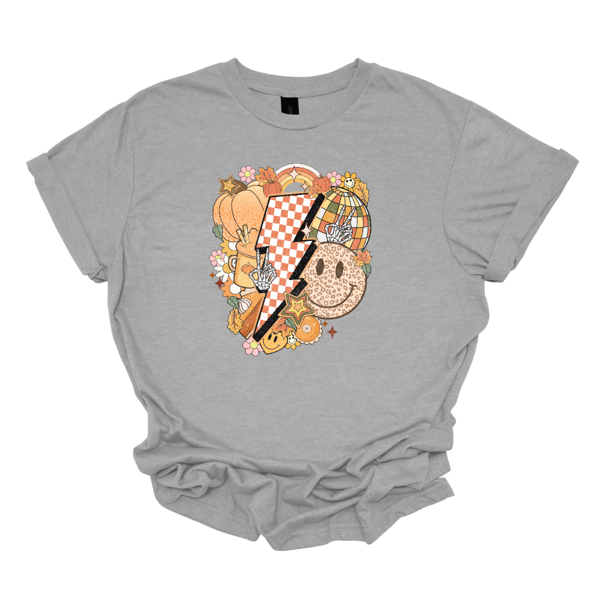 This t-shirt is a vibrant, retro-inspired celebration of eclectic autumn vibes. At its center is a bold, large lightning bolt styled in a striking pink and white checkerboard pattern, immediately capturing attention with its energetic and nostalgic flair. Shop Gorgeousware.com