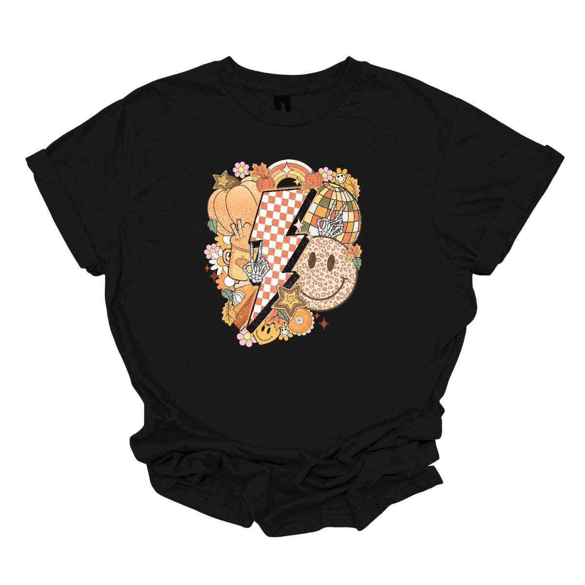 This t-shirt is a vibrant, retro-inspired celebration of eclectic autumn vibes. At its center is a bold, large lightning bolt styled in a striking pink and white checkerboard pattern, immediately capturing attention with its energetic and nostalgic flair. Shop Gorgeousware.com