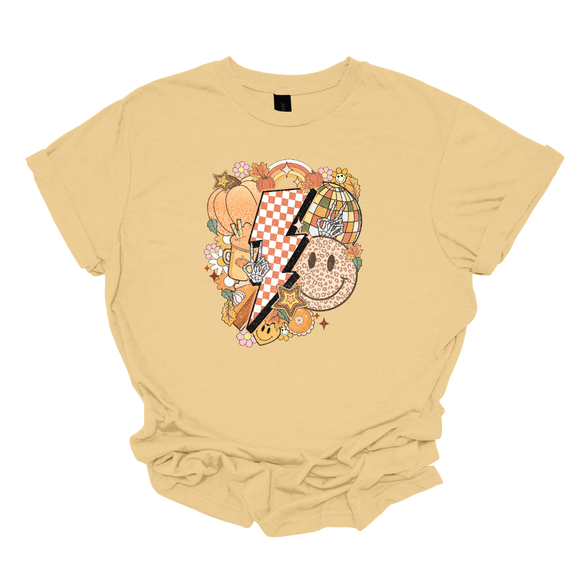 This t-shirt is a vibrant, retro-inspired celebration of eclectic autumn vibes. At its center is a bold, large lightning bolt styled in a striking pink and white checkerboard pattern, immediately capturing attention with its energetic and nostalgic flair. Shop Gorgeousware.com