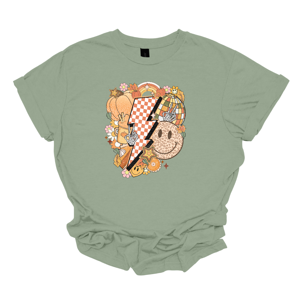 This t-shirt is a vibrant, retro-inspired celebration of eclectic autumn vibes. At its center is a bold, large lightning bolt styled in a striking pink and white checkerboard pattern, immediately capturing attention with its energetic and nostalgic flair. Shop Gorgeousware.com