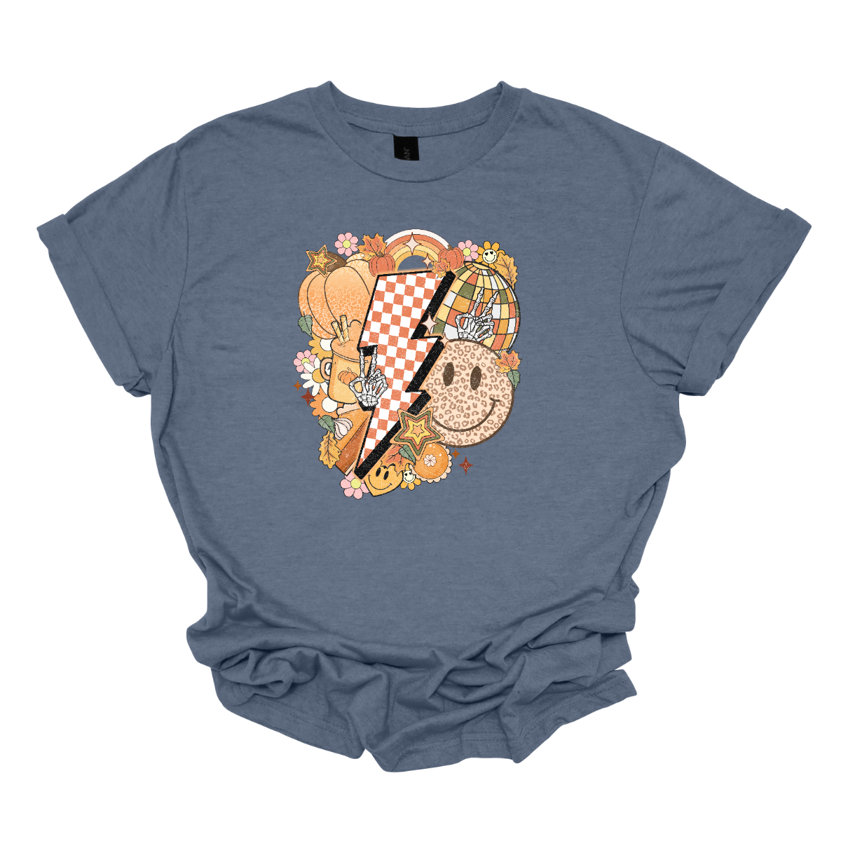 This t-shirt is a vibrant, retro-inspired celebration of eclectic autumn vibes. At its center is a bold, large lightning bolt styled in a striking pink and white checkerboard pattern, immediately capturing attention with its energetic and nostalgic flair. Shop Gorgeousware.com
