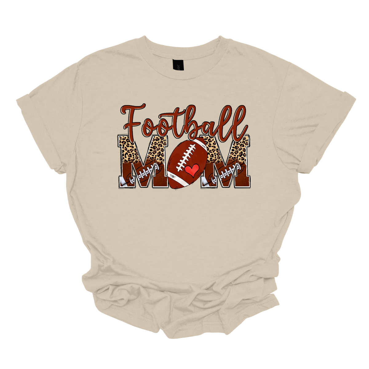 This "Football Mom" shirt design features a stylish and bold look perfect for any proud football mom.
"Football" is written in a fun, flowing brown script. "MOM" is displayed in large split block letters, The top half of the letters showcases a trendy cheetah print, adding a touch of fierce and fashionable flair.
The bottom half is decorated with a pattern of small footballs. The "O" in "MOM" is creatively replaced with a football. Shop Gorgeousware.com