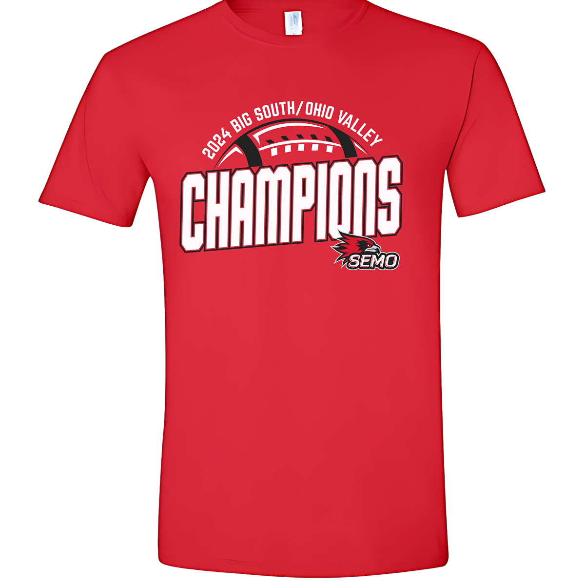 Show your Redhawk pride with the SEMO Football OVC/Big South Championship Red T-Shirt! This striking red tee celebrates the Southeast Missouri State Football team’s incredible achievement as conference champions.  Whether you're at the stadium or supporting from home, this t-shirt is the perfect way to honor the Redhawks' hard-fought success. Available in a range of unisex sizes—grab yours and wear your SEMO spirit proudly!