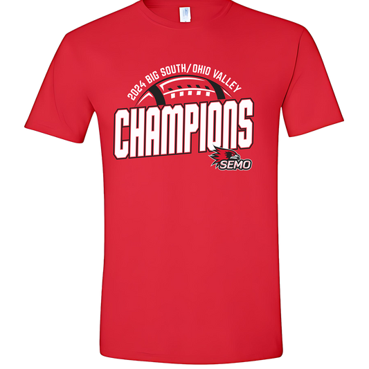 Show your Redhawk pride with the SEMO Football OVC/Big South Championship Red T-Shirt! This striking red tee celebrates the Southeast Missouri State Football team’s incredible achievement as conference champions.  Whether you're at the stadium or supporting from home, this t-shirt is the perfect way to honor the Redhawks' hard-fought success. Available in a range of unisex sizes—grab yours and wear your SEMO spirit proudly!