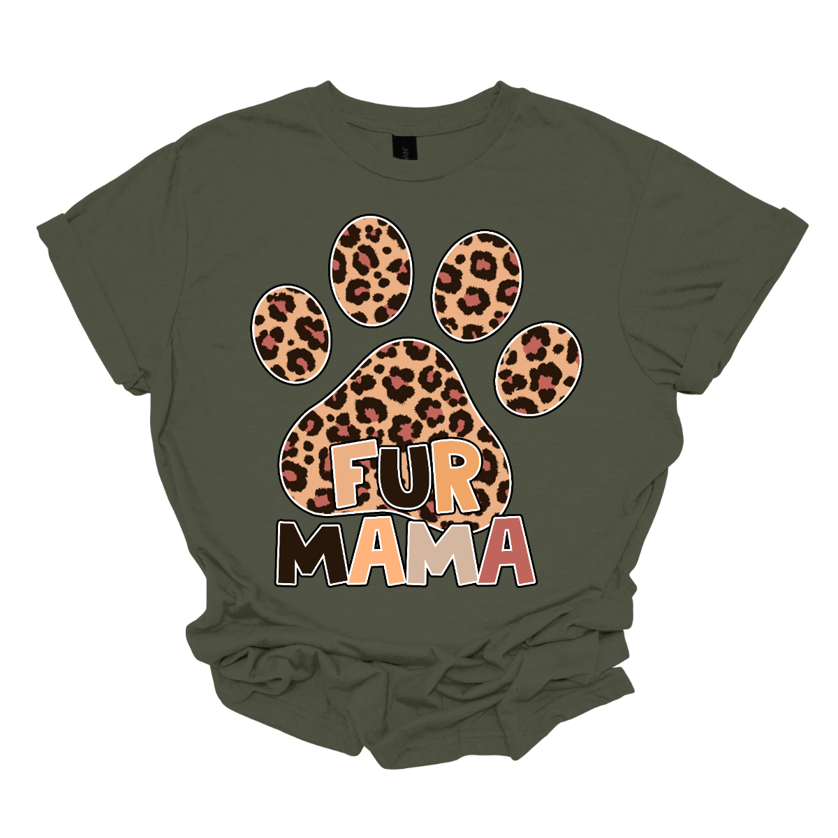The "Fur Mama" shirt design features a bold and eye-catching large paw print as the central element. Inside the paw print, a stylish animal print pattern adds a wild and trendy touch.
The phrase "Fur Mama" is written in warm, inviting lettering, using block letter font. Shop Gorgeouseware.com
