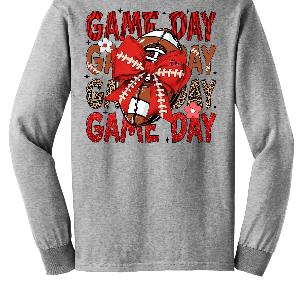 This bold SEMO long-sleeved tee packs serious team spirit into every detail. The front has a ferocious Redhawk graphic paired with SEMO in bold white lettering over the left chest. The back has “Game Day” repeated in eye catching animal print and football-lace lettering. A football wrapped in a red bow steals the spotlight, complete with football-lace details and a small Redhawk perched on the bow. Shop at Gorgeousware.com today!