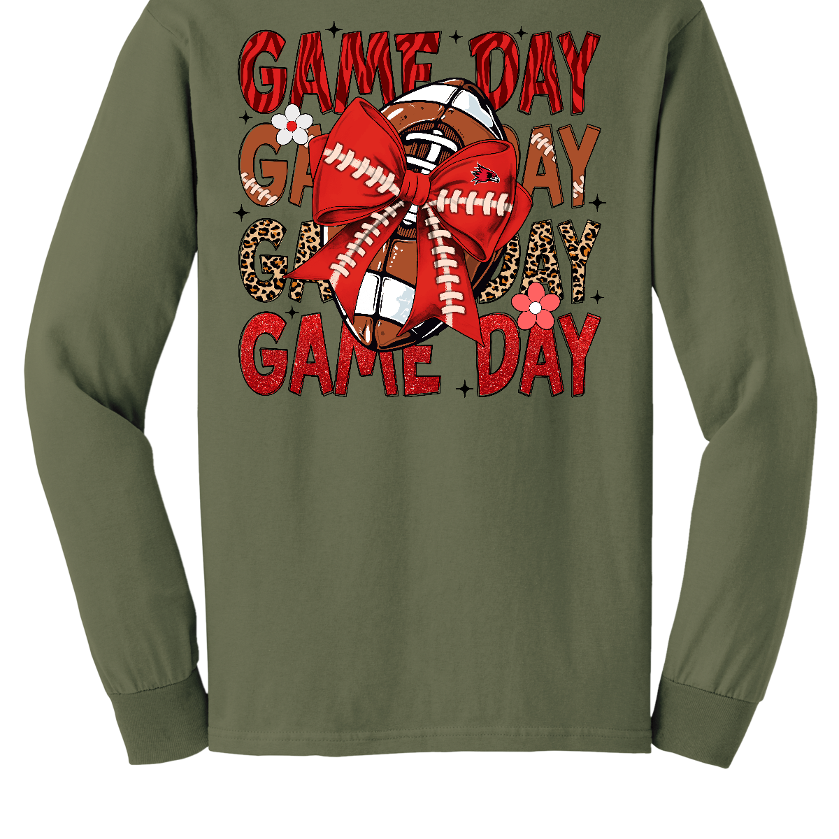 This bold SEMO long-sleeved tee packs serious team spirit into every detail. The front has a ferocious Redhawk graphic paired with SEMO in bold white lettering over the left chest. The back has “Game Day” repeated in eye catching animal print and football-lace lettering. A football wrapped in a red bow steals the spotlight, complete with football-lace details and a small Redhawk perched on the bow. Shop at Gorgeousware.com today!