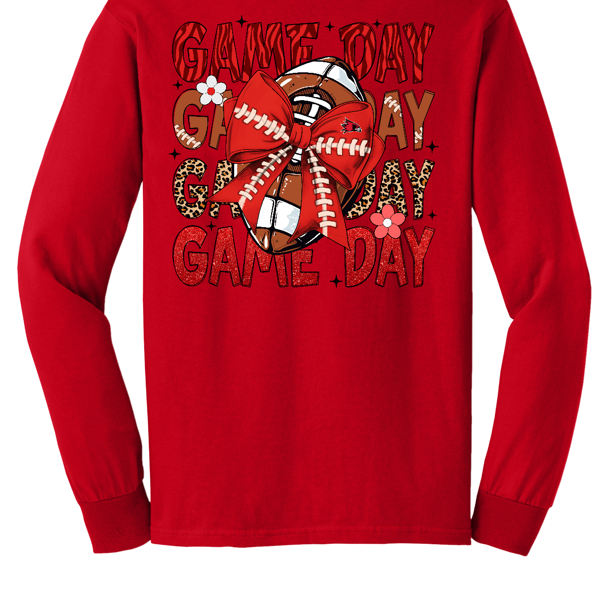 This bold SEMO long-sleeved tee packs serious team spirit into every detail. The front has a ferocious Redhawk graphic paired with SEMO in bold white lettering over the left chest. The back has “Game Day” repeated in eye catching animal print and football-lace lettering. A football wrapped in a red bow steals the spotlight, complete with football-lace details and a small Redhawk perched on the bow. Shop at Gorgeousware.com today!