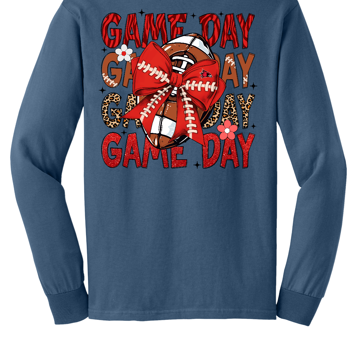 This bold SEMO long-sleeved tee packs serious team spirit into every detail. The front has a ferocious Redhawk graphic paired with SEMO in bold white lettering over the left chest. The back has “Game Day” repeated in eye catching animal print and football-lace lettering. A football wrapped in a red bow steals the spotlight, complete with football-lace details and a small Redhawk perched on the bow. Shop at Gorgeousware.com today!