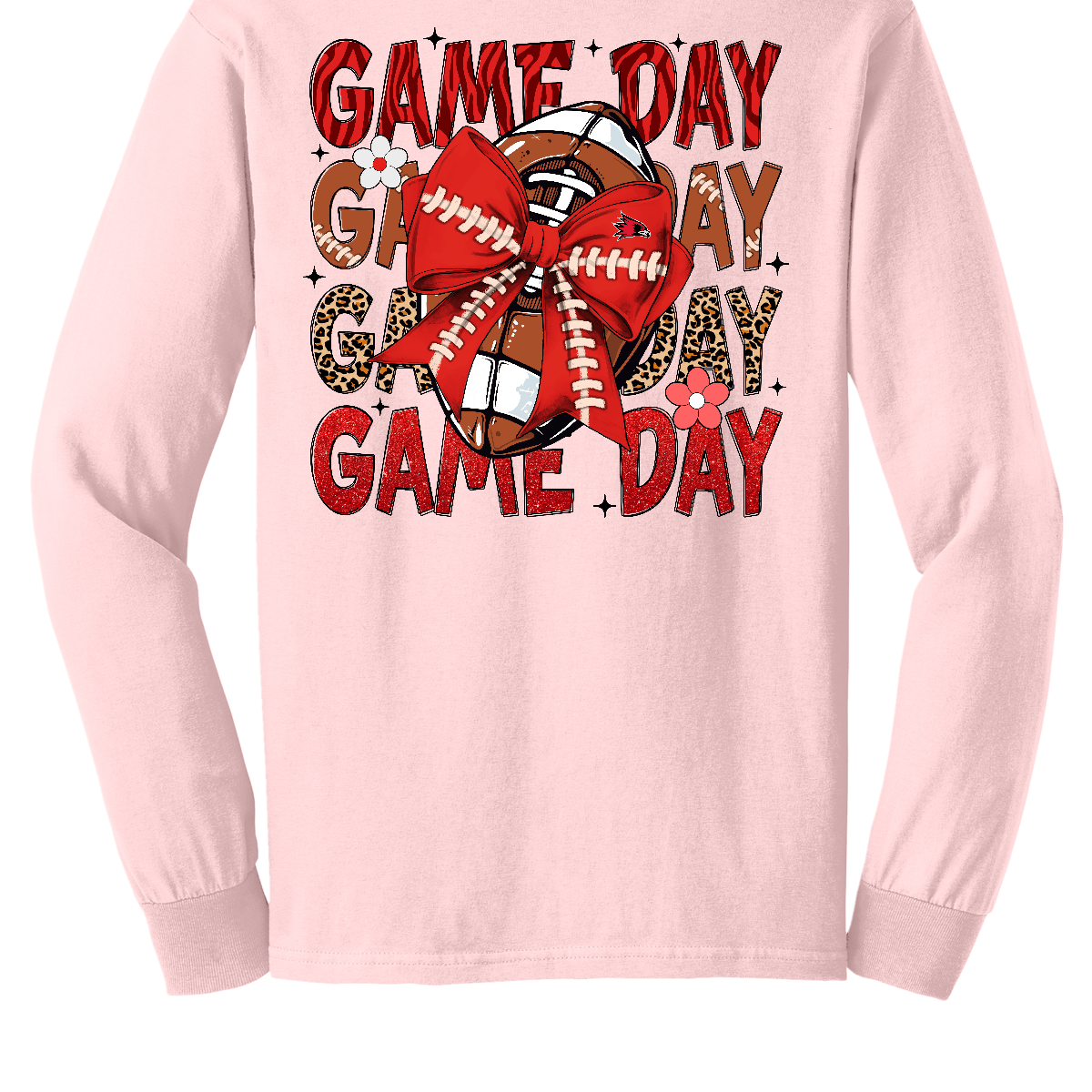 This bold SEMO long-sleeved tee packs serious team spirit into every detail. The front has a ferocious Redhawk graphic paired with SEMO in bold white lettering over the left chest. The back has “Game Day” repeated in eye catching animal print and football-lace lettering. A football wrapped in a red bow steals the spotlight, complete with football-lace details and a small Redhawk perched on the bow. Shop at Gorgeousware.com today!