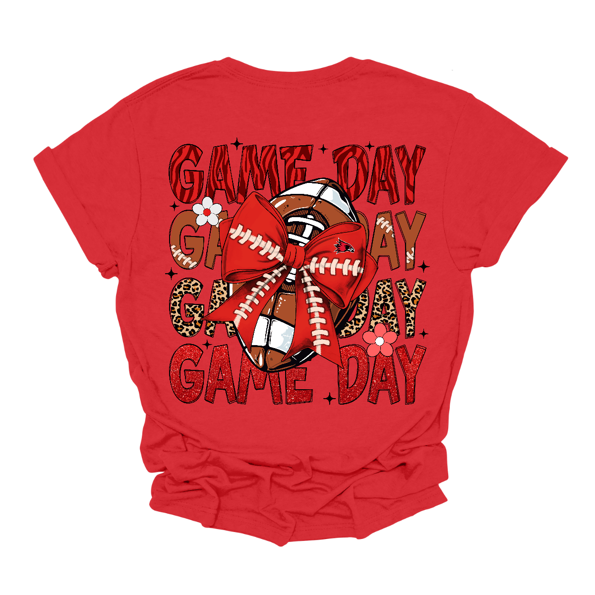 This bold SEMO short-sleeved tee packs serious team spirit into every detail. The front has a ferocious Redhawk graphic paired with SEMO in bold white lettering over the left chest. The back has “Game Day” repeated in eye catching animal print and football-lace lettering. A football wrapped in a red bow steals the spotlight, complete with football-lace details and a small Redhawk perched on the bow. Shop at Gorgeousware.com today!