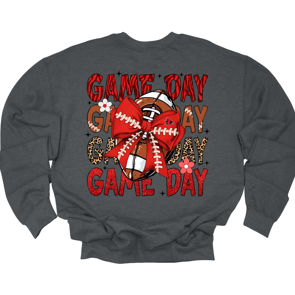 This bold SEMO shirt packs serious team spirit into every detail. The front has a ferocious Redhawk graphic paired with SEMO in bold white lettering over the left chest. The back has “Game Day” repeated in eye catching animal print and football-lace lettering. A football wrapped in a red bow steals the spotlight, complete with football-lace details and a small Redhawk perched on the bow. Go Redhawks!
Shop at Gorgeousware.com today!