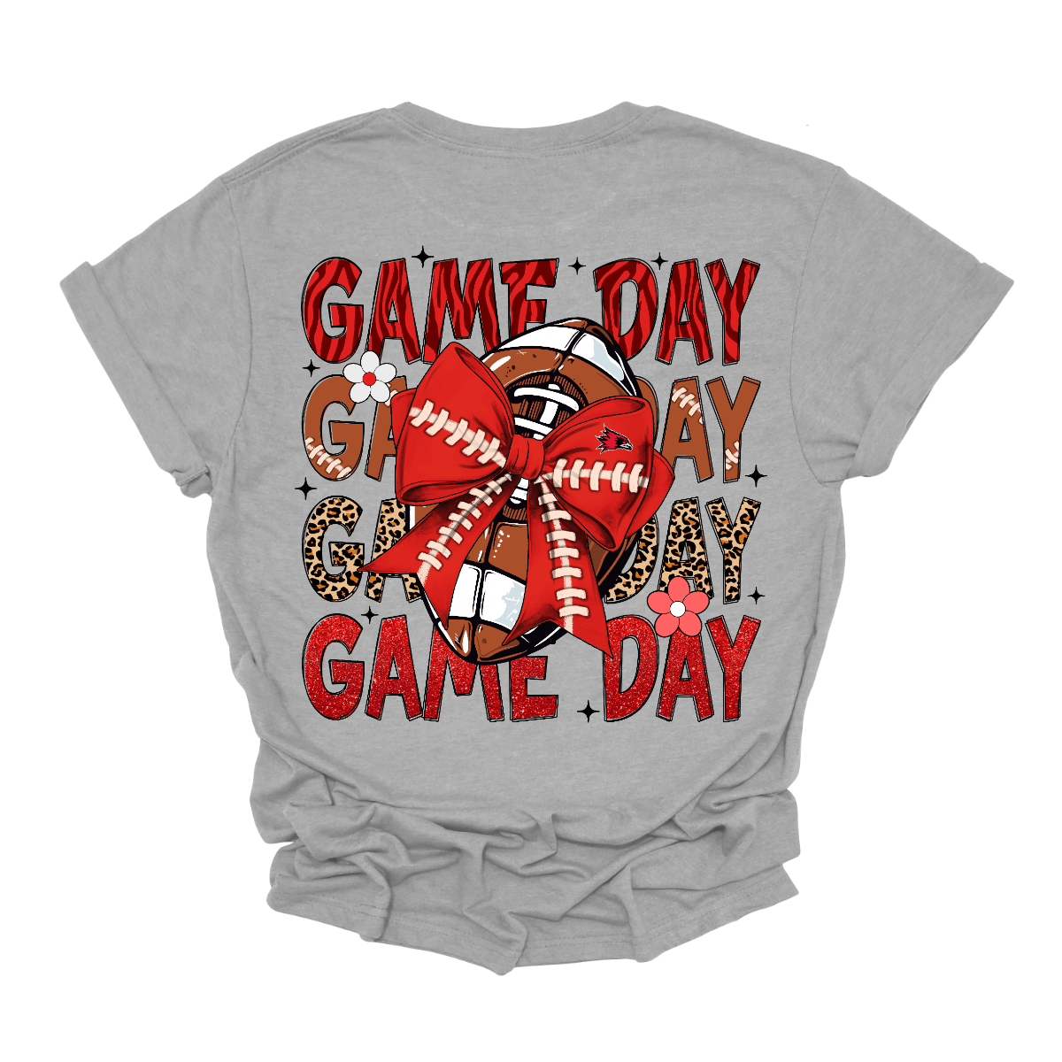 This bold SEMO short-sleeved tee packs serious team spirit into every detail. The front has a ferocious Redhawk graphic paired with SEMO in bold white lettering over the left chest. The back has “Game Day” repeated in eye catching animal print and football-lace lettering. A football wrapped in a red bow steals the spotlight, complete with football-lace details and a small Redhawk perched on the bow. Shop at Gorgeousware.com today!
