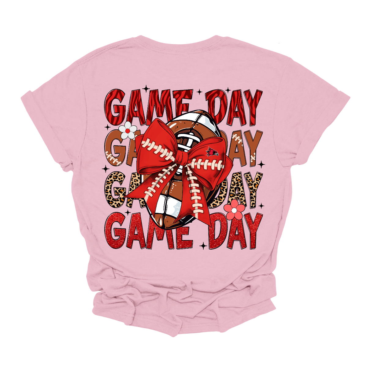 This bold SEMO short-sleeved tee packs serious team spirit into every detail. The front has a ferocious Redhawk graphic paired with SEMO in bold white lettering over the left chest. The back has “Game Day” repeated in eye catching animal print and football-lace lettering. A football wrapped in a red bow steals the spotlight, complete with football-lace details and a small Redhawk perched on the bow. Shop at Gorgeousware.com today!