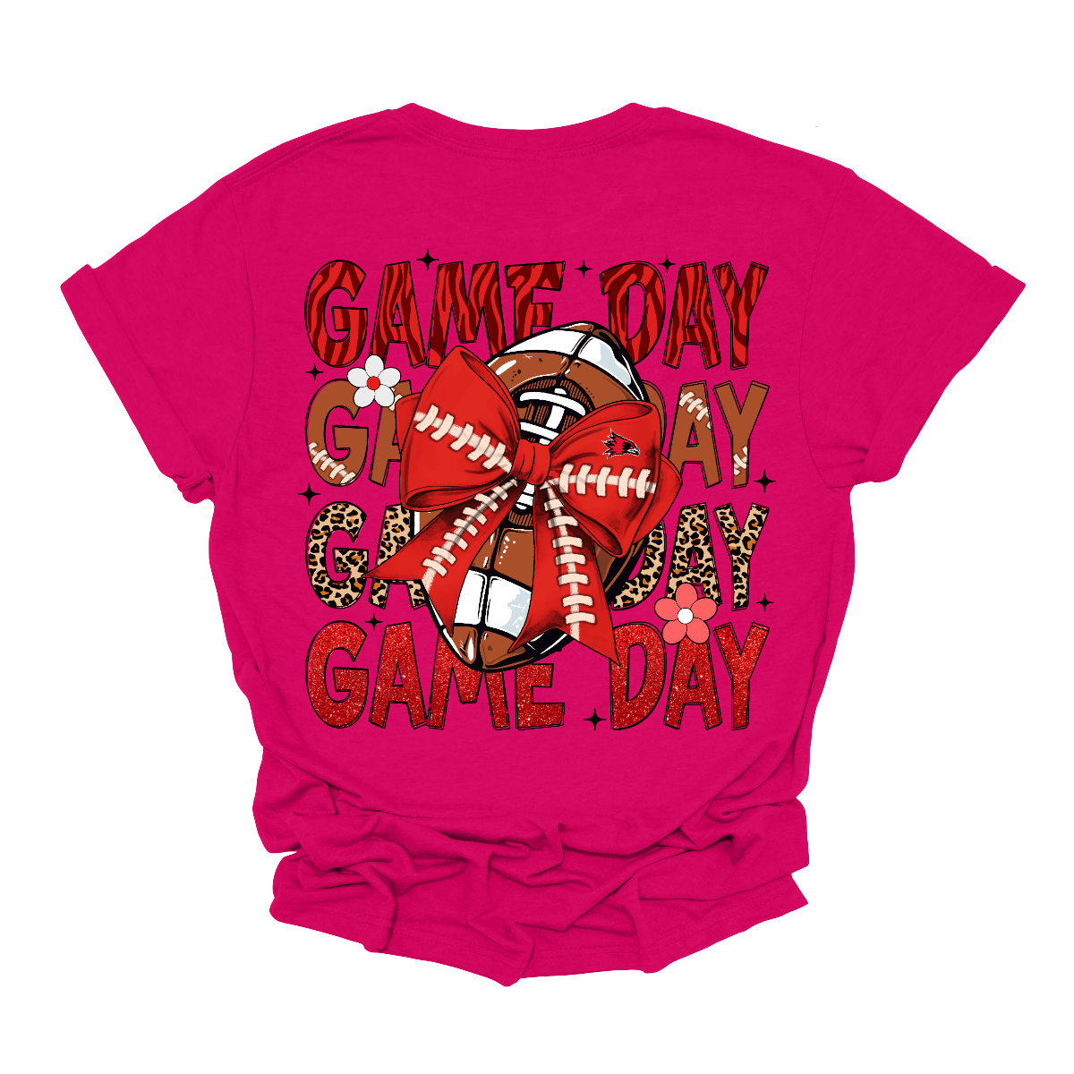 This bold SEMO short-sleeved tee packs serious team spirit into every detail. The front has a ferocious Redhawk graphic paired with SEMO in bold white lettering over the left chest. The back has “Game Day” repeated in eye catching animal print and football-lace lettering. A football wrapped in a red bow steals the spotlight, complete with football-lace details and a small Redhawk perched on the bow. Shop at Gorgeousware.com today!